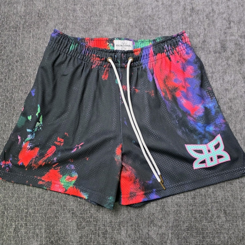 Ryoko Rain Shorts Mens Large Black Tie Dye Trippy Mesh Gym Athletic 4.5" Inseam